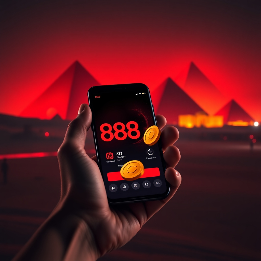 A hand holding a high-end smartphone displaying the official 888starz app with its signature red and black interface, background is the Great Pyramids of Giza at night with futuristic red neon lighting, 3D golden coins popping out of the screen, cinematic